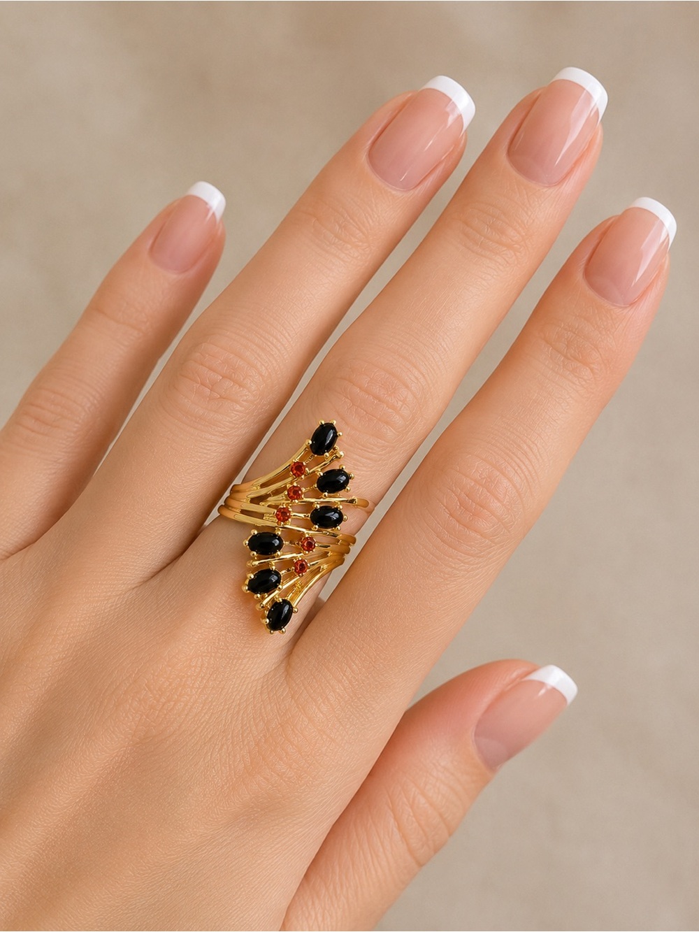 SETA •  Vintage Gold Black & Deep Rose Gemstone Statement Ring Abstract Cocktail - Picture 6 of 10